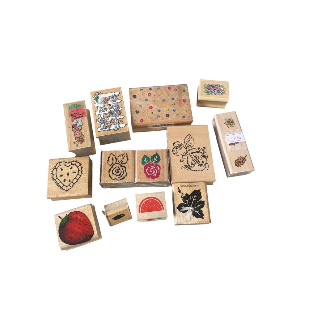 Unbranded Rubber Stamp Lot Unisex OS Multicolor Floral Fruit Nature Wood Mounted